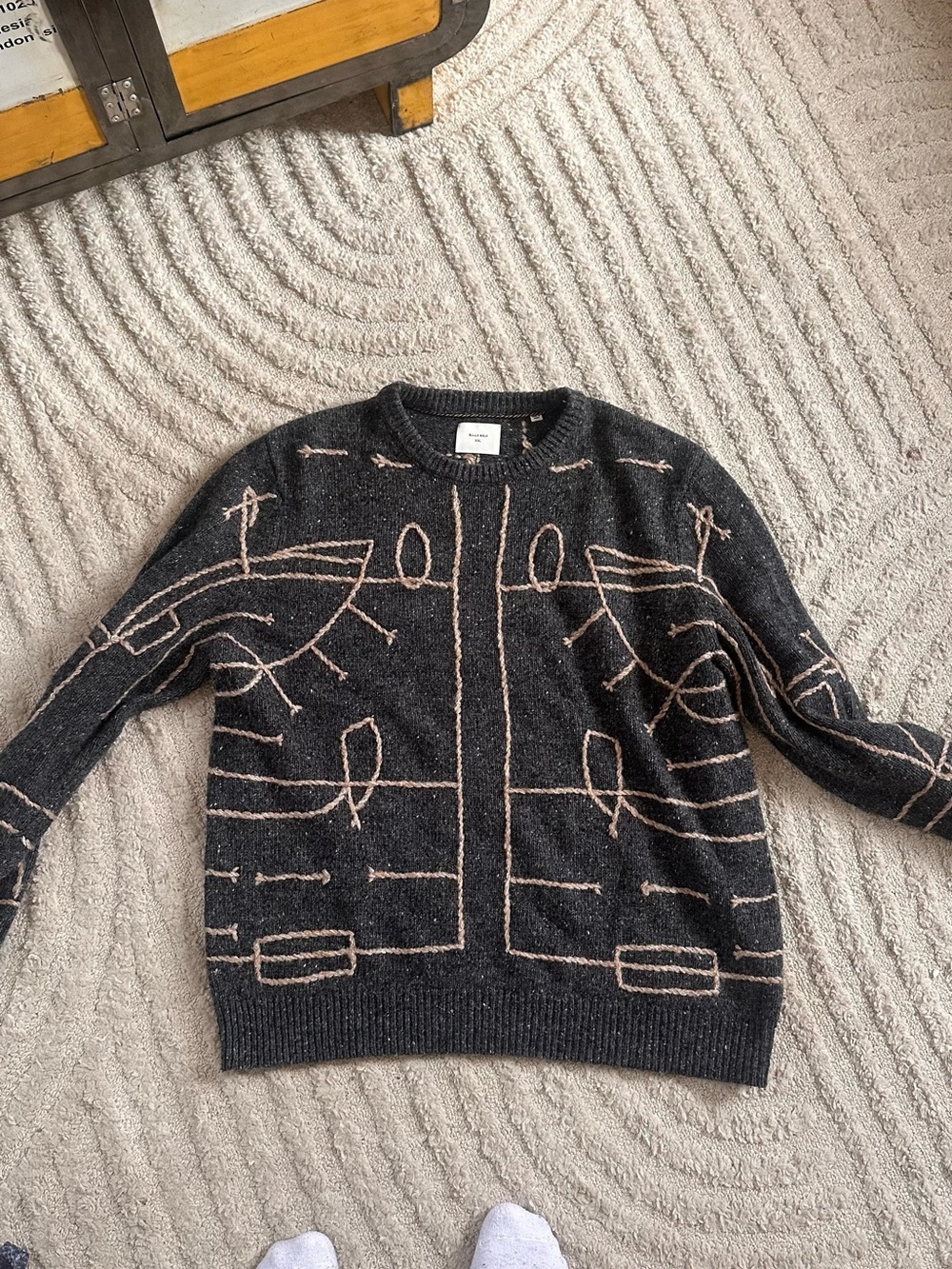 Billy Reid Black Heather Crewneck Sweater with Beige Line Stitching